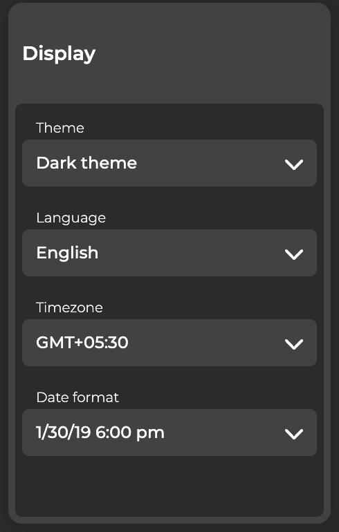 display card with fields specifying theme, language, time zone, and date format.