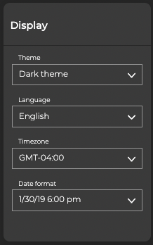 display card with fields specifying theme, language, time zone, and date format.