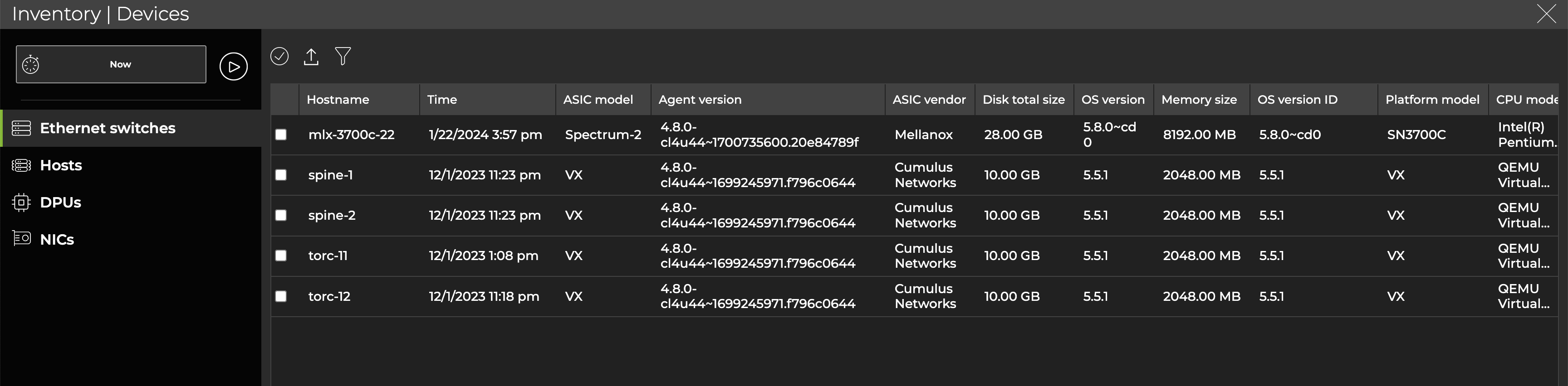 full-screen inventory/devices card displaying a list of switches