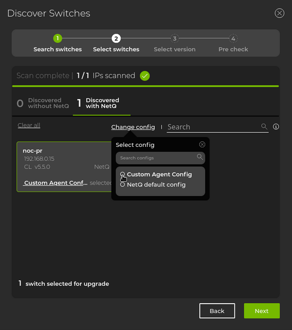 card displaying discovered switch and change configuration option