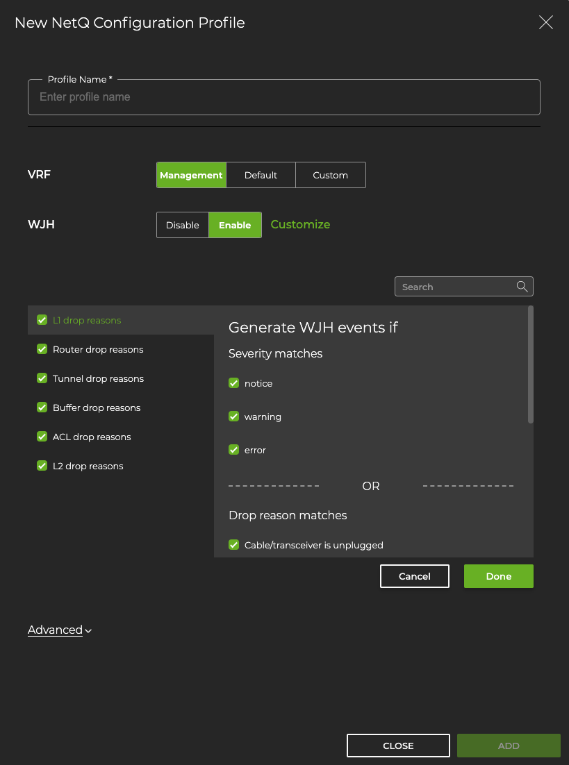 modal describing WJH event capture options