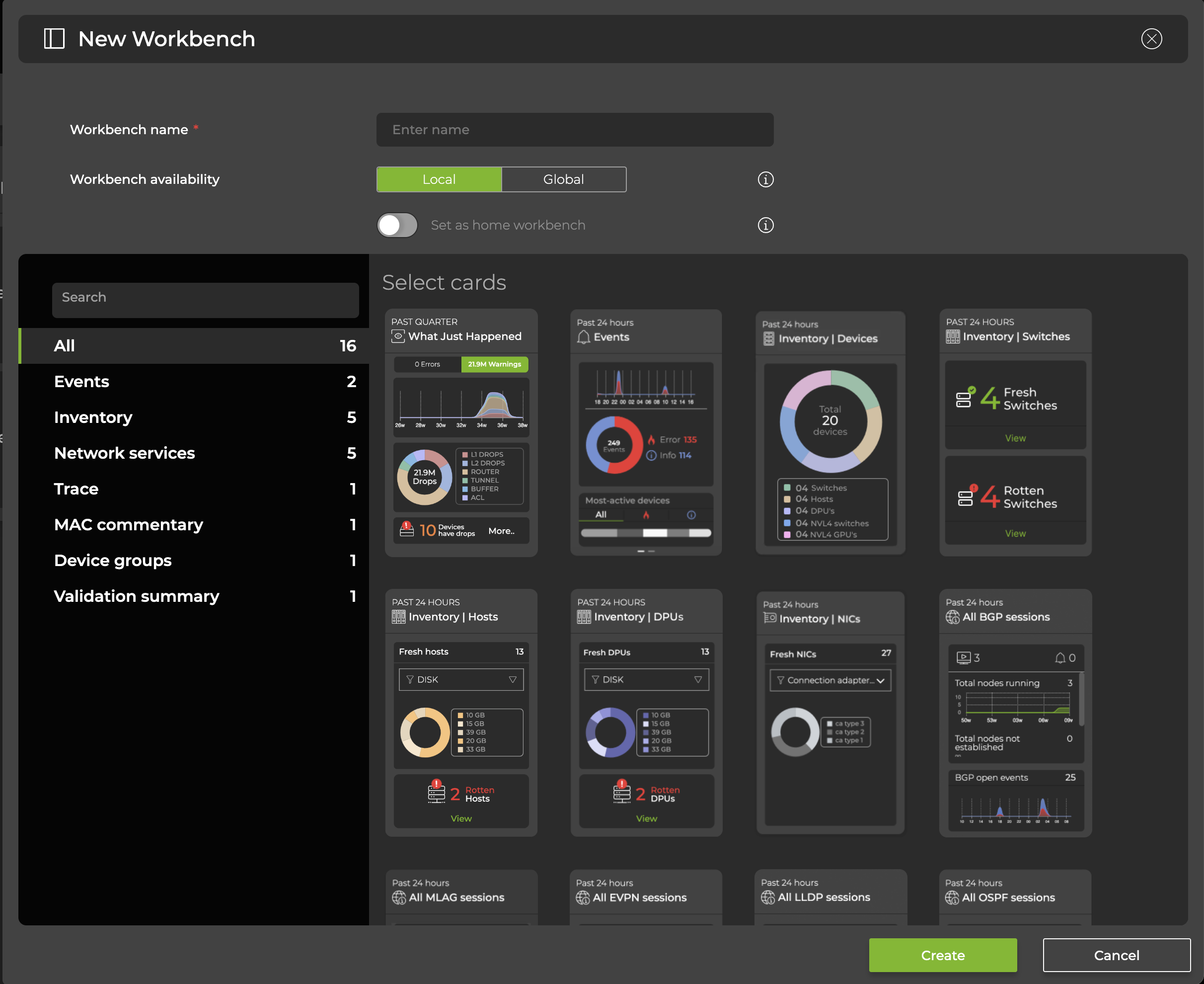 interface displaying the cards a user can select to add to their workbench