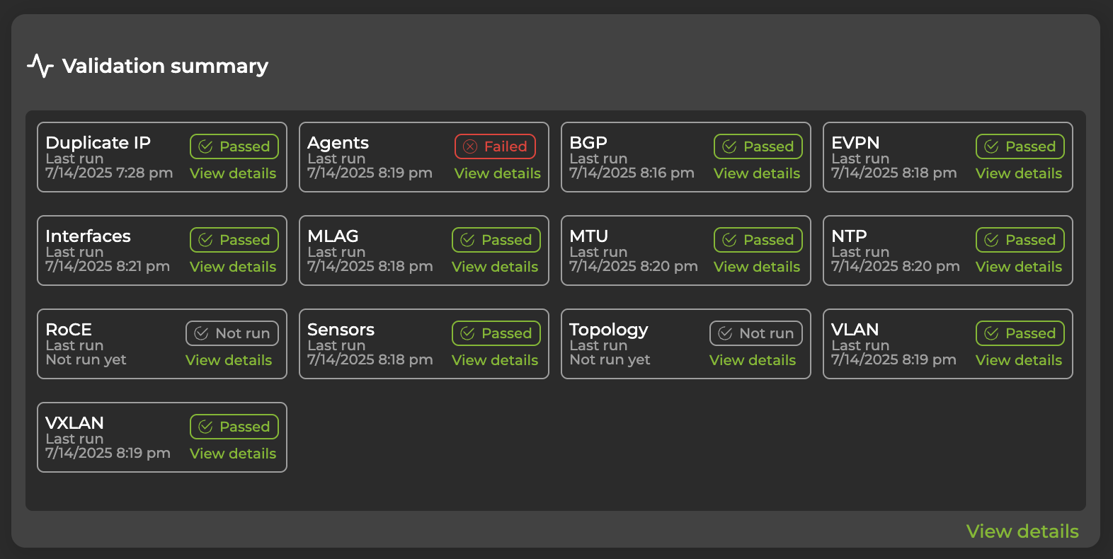 validation summary displaying network validation results